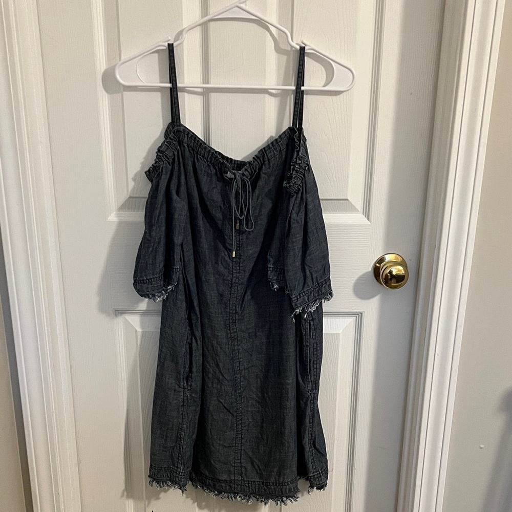 Trina Turk Dark Jean Dress. Off Shoulder With Spaghetti Straps. Raw hem. Size M